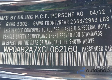 2012 Porsche Panamera S from USA, damaged, VIN WP0AB2A7XCL062160